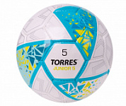 Мяч футбольный TORRES Junior-5 р.5 , F323805,  глянц.ПУ,4 сл,32 п, руч.сш,бел-бирюзовый